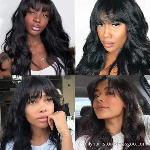 Shmily Wholesale Brazilian Body Wave Wig Full Machine Made Remy Human Hair Wig with Bangs 150 density Straight Wig With Bangs